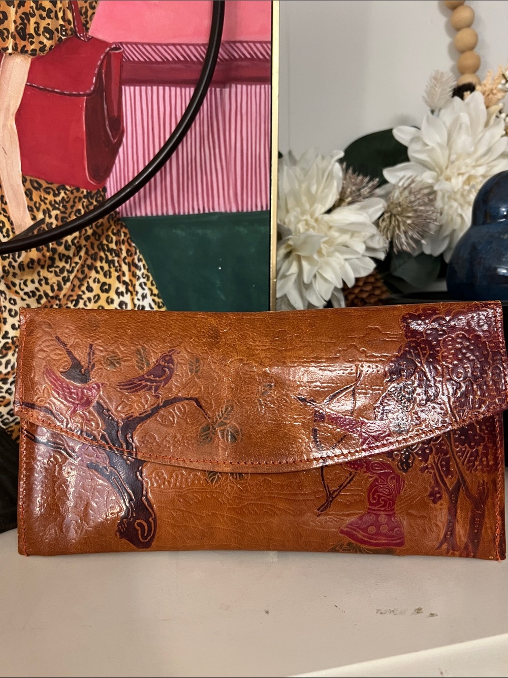 Hand-Tooled Leather Envelope Clutch - Brown3pc set